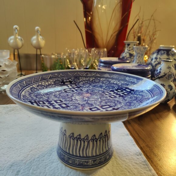 Rep Of China Blu/Whi Double Happiness Porcelain Tazza Offering Plate+Orig Label - Picture 2 of 13